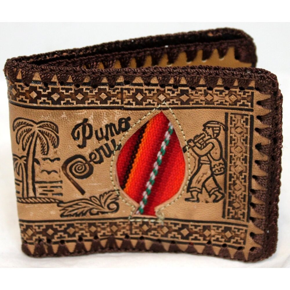 Peruvian Peru Folding Leather Wallet Tooled Llama Hand Stitched Men Teen Native